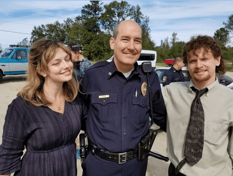 James Healy Jr with actors Emily Meade and Jack O' Connellon the set of Trial by Fire - Director: Ed Zwick 